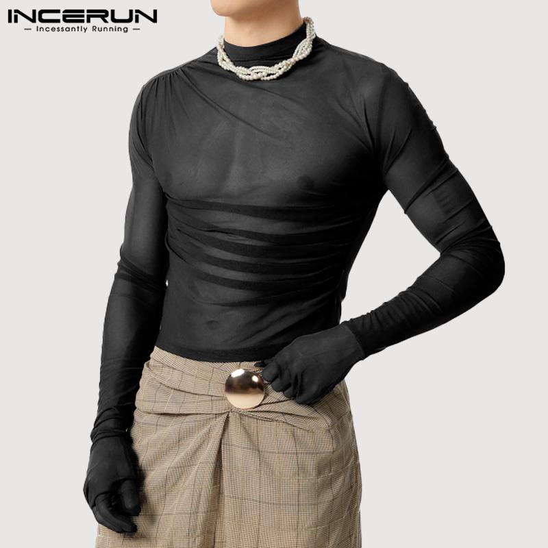 INCERUN Men Long Gloves Sleeve See Through Tops Club Party Mesh Skinny T-Shirts