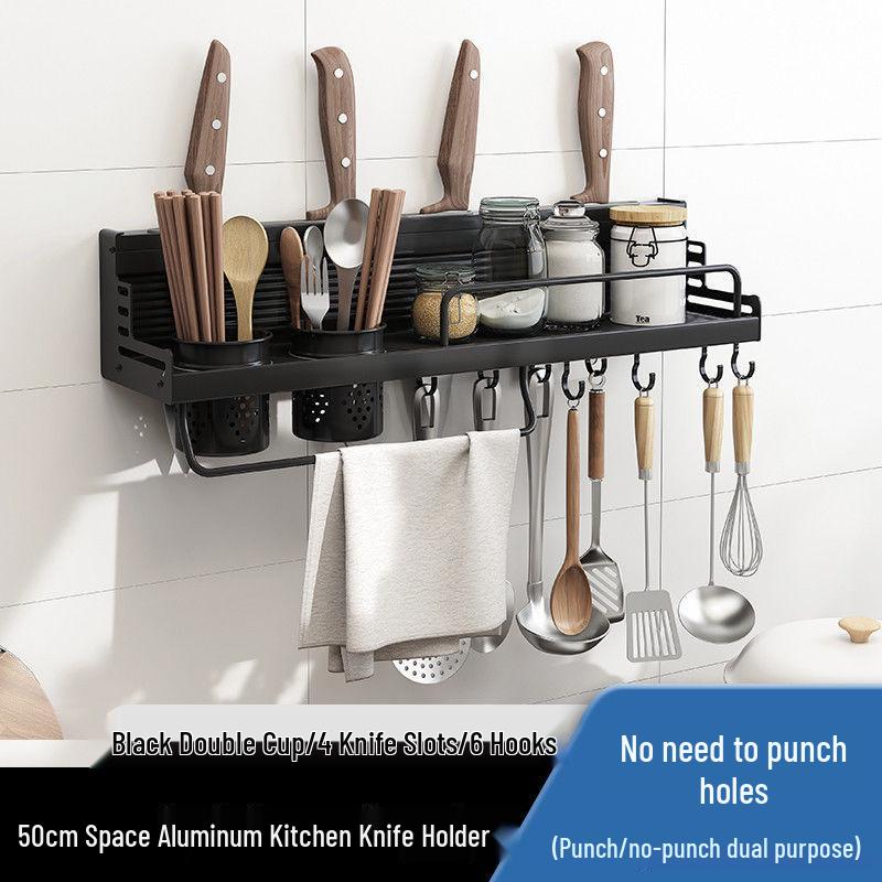 Punch-Free Aluminum Kitchen Wall Organizer: Multifunctional Rack for Utensils, Knives, Seasonings, and Chopsticks