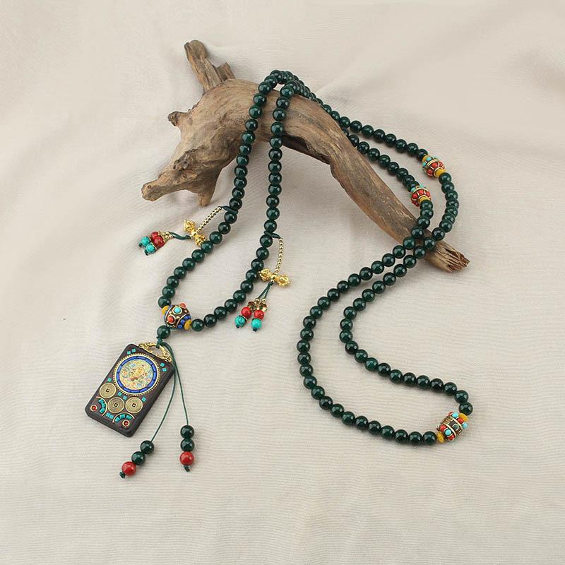 GEMCHIC Women s Long Chinese Style Green Agate Bead Slanting Chain Tibetan Thangka Pendant Necklace Ethnic Boho Layered Jewelry