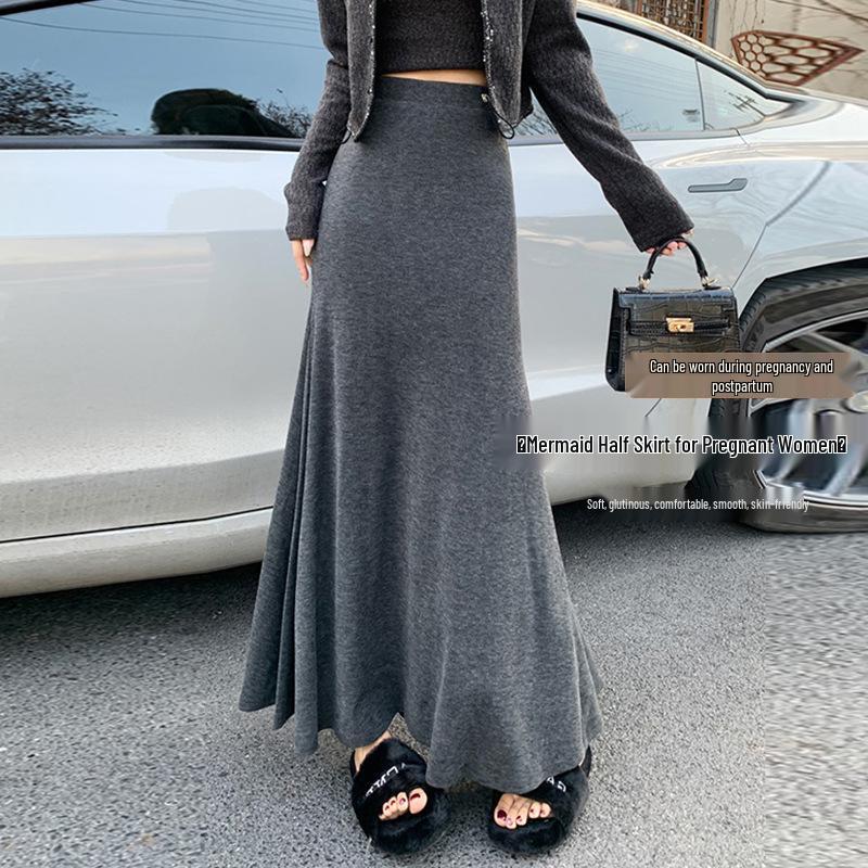 2026 Spring Soft Maternity Midi Skirt - Drapey, Versatile Fishtail Design, No-Support Belly Style 2XL