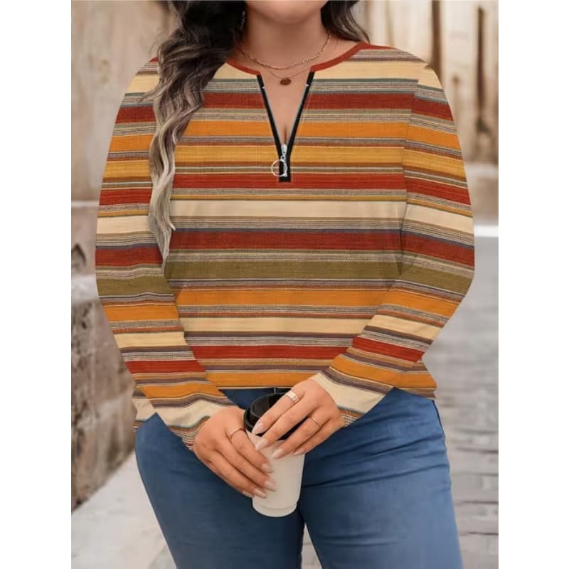 Women's Creative Printed Zipper Long-sleeved T-shirt, Breathable, Soft and Comfortable, Suitable for All-year-round Casual Wear