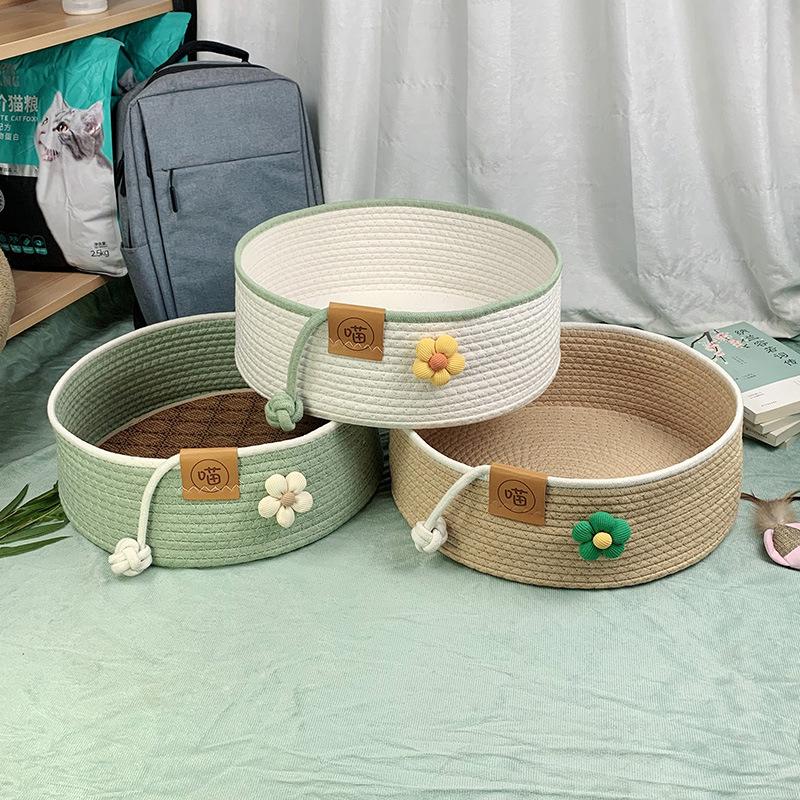 Pet Cat Bed Hand Woven Cotton Rope Cat Beds Cat Scratcher Bed All Seasons Breathable Kitten Nest Cat Sleeping Bed Pet Supplies