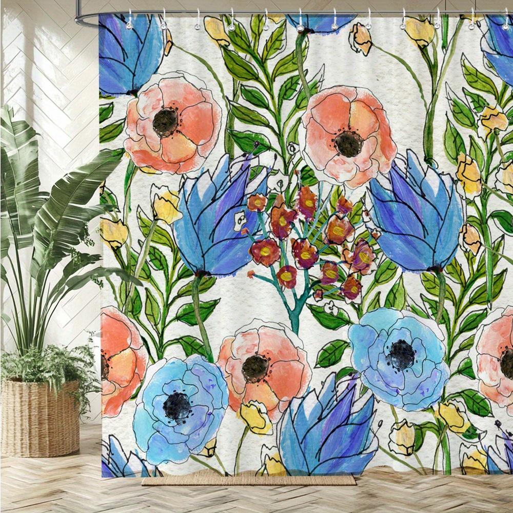 Blue & Peach Watercolor Floral Shower Curtain – Vibrant Poppies & Tulips, Botanical Garden Design, 12 Hooks, 70.87×70.87 Inch