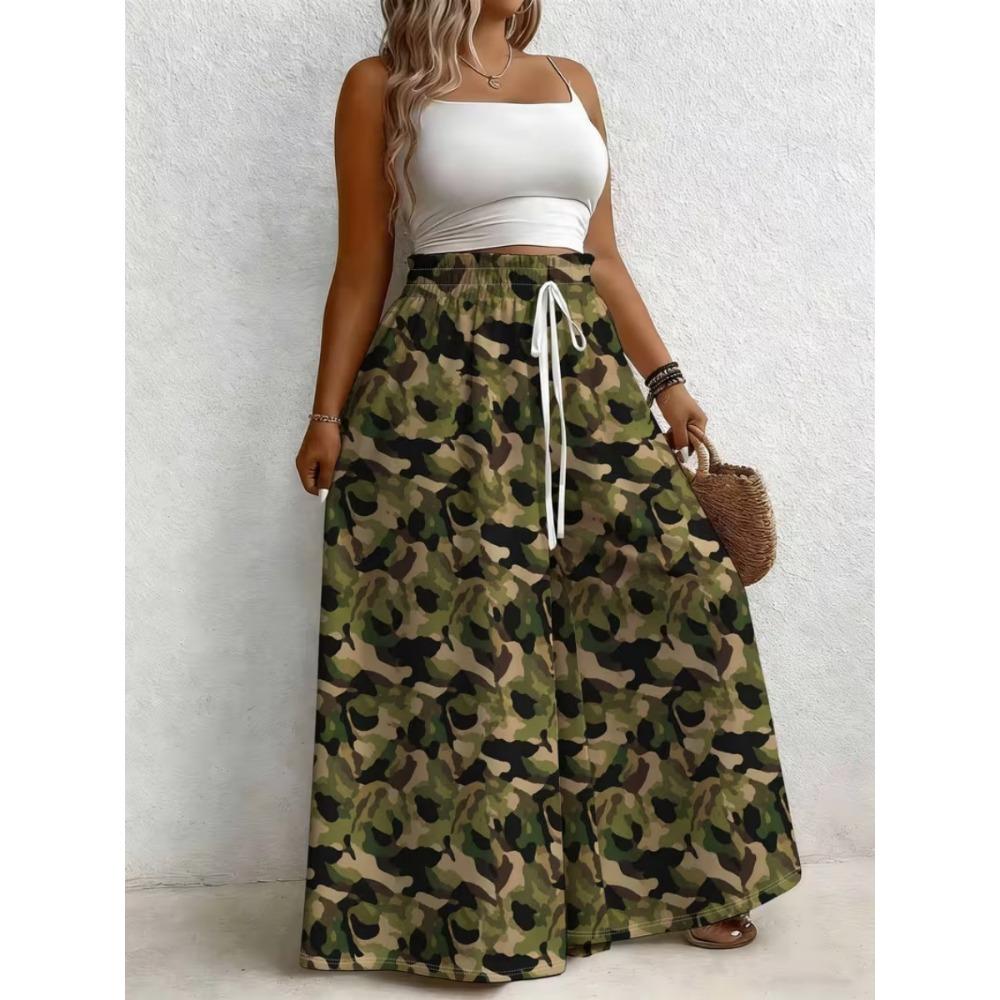 Large size women's printed loose wide leg pants, elegant with pockets, suitable for vacation and daily wear