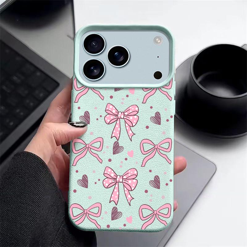 Leather Texture TPU Phone Case For iPhone 17 17e 16e 16 15 Pro Max 14 13 Pro Max 11 Pink Bowknot Print Soft Silicone Back Cover
