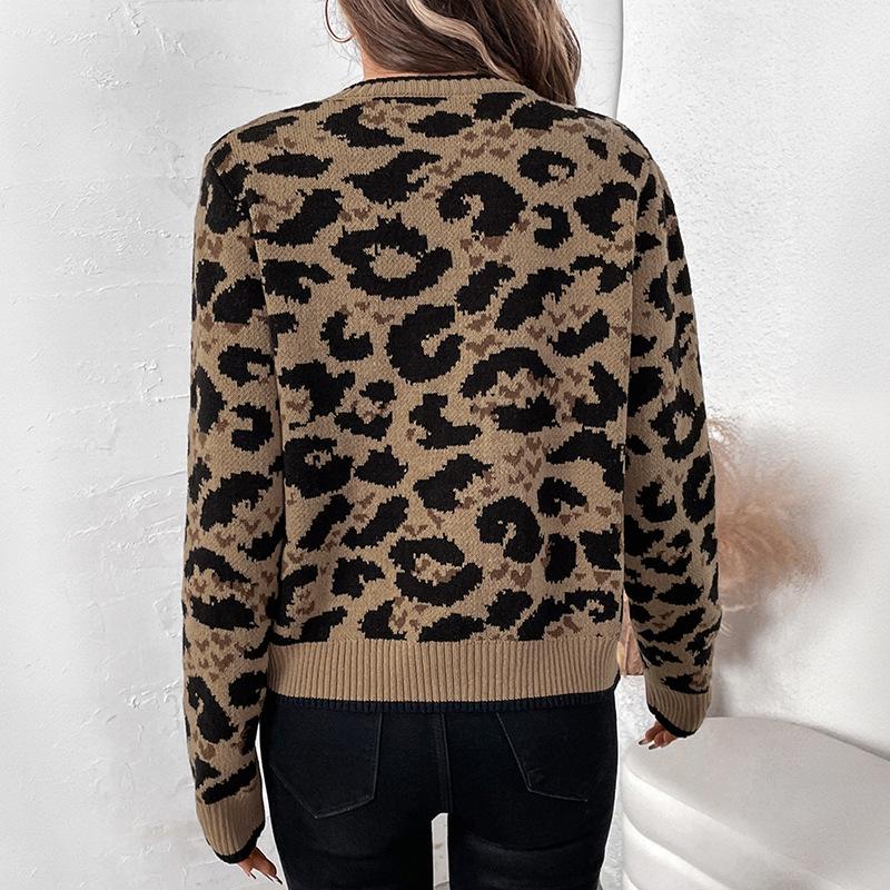 2026 Autumn/Winter Leopard Print Lace-up Round Neck Cardigan Sweater
