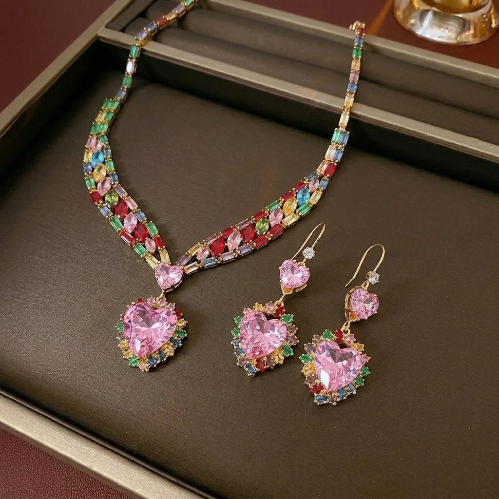Cross-Border Fashion Trend: Heart Zirconia Earrings & Colorful Butterfly Necklace Jewelry Set