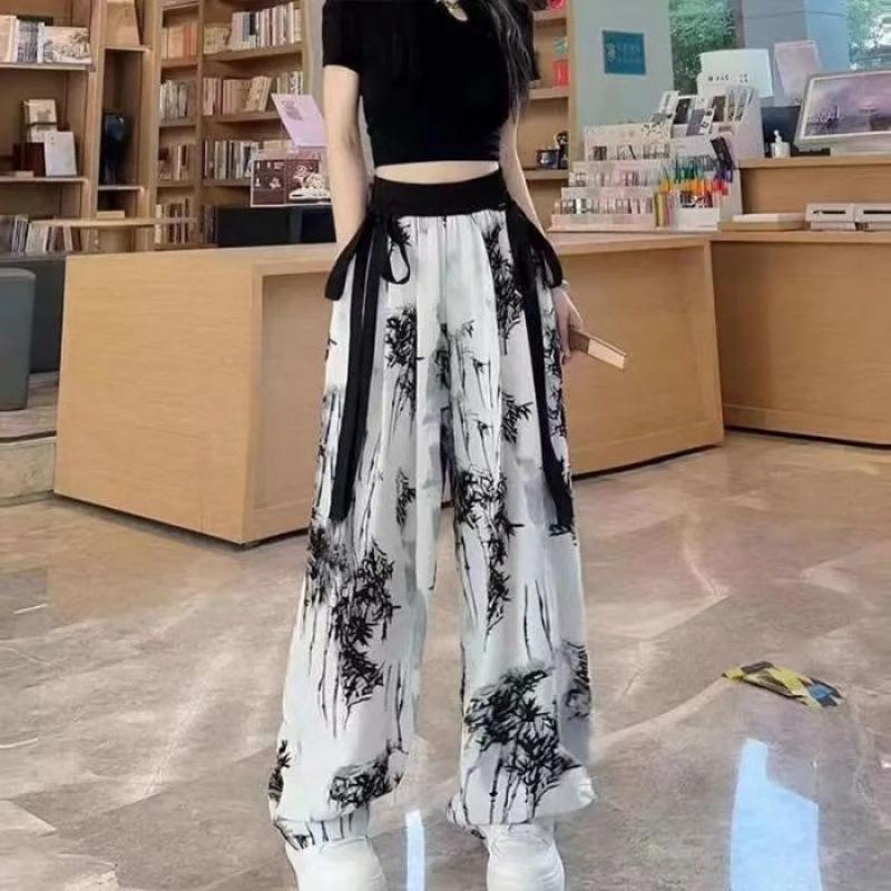 Ink-wash Painting Printed High-waisted Wide-leg Pants for Women, Summer Thin Chiffon Ribbon Loose Casual Floor-length Pants