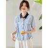 Women's Light Blue Color Block Collar Short Sleeve Button Down Shirt Casual Loose Blouse