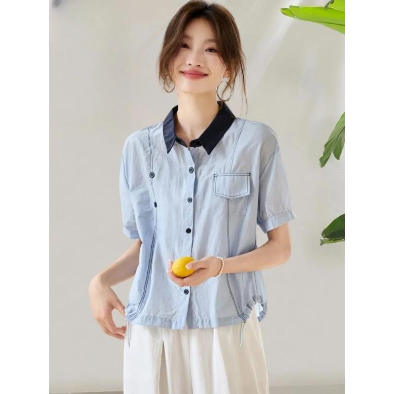 

Women s Light Blue Color Block Collar Short Sleeve Button Down Shirt Casual Loose Blouse M синий