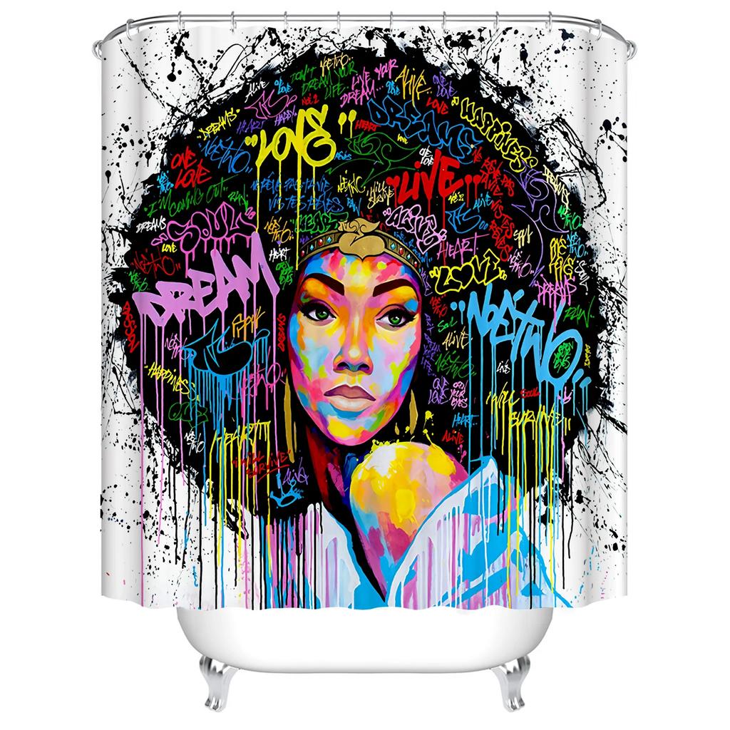Art Design Graffiti Art Hip Hop African Girl Shower Curtains Bathroom Curtain Frabic Waterproof Polyester Bath Curtain with Hook
