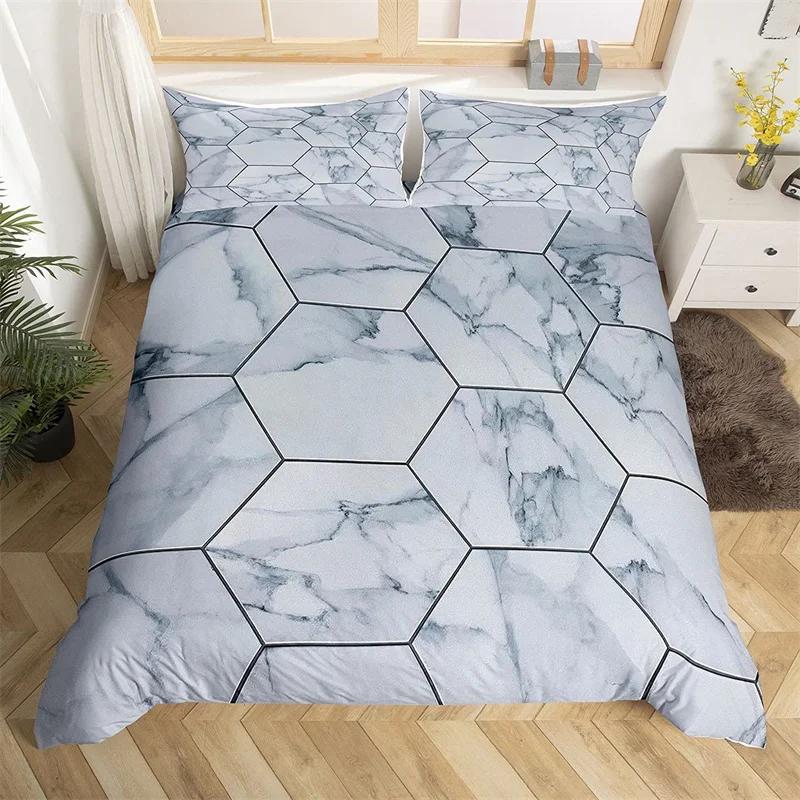 Marble Duvet Cover Set Microfiber Geometric Hexagone Quilt Cover Honeycomb Bedding Set Single King Queen For Kids Teens Adults