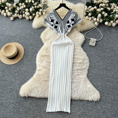 Summer Women Vintage Print V-neck Knitted Sweater Long Maxi Sheath Pullover Dresses