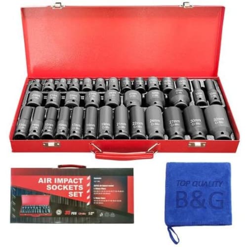 Corrosion- and Wear-Resistant Phosphate-Coated Impact Socket Set, 35-Piece, Parkerized Hex Socket Set with Storage Case, 1/2" (12.7mm) Deep Bit, Short