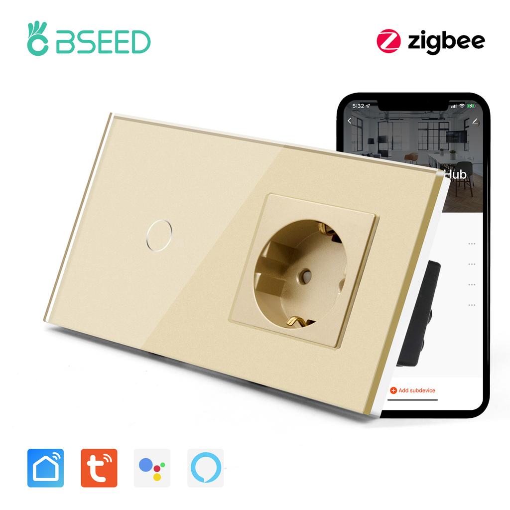 Bseed New Zigbee Single Live 1/2/3 Gang Touch Switch EU Standard With Normal Socket 4 Color Crystal Glass Panel Smart Home