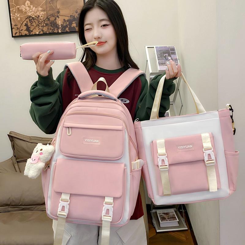 School bag large capacity lightweight junior high school student school bag women's new high value three-piece set backpack contrasting color