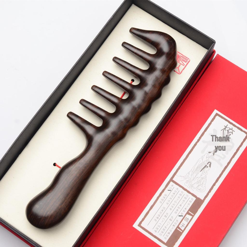 Ebony Ash Wood Wide-Tooth Meridian Massage Comb with Round Drum Handle