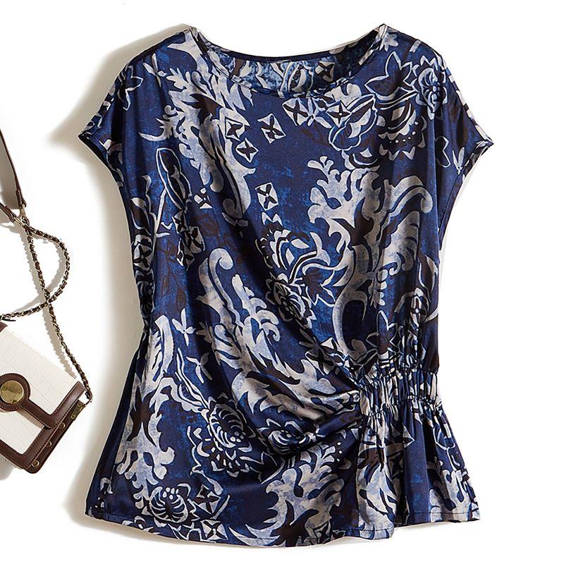 

Satin Poplin Silk round Neck Raglan Sleeve Side Elastic Waist Retro Blue Pattern T-shirt Women Summer Super White Dark Blue L