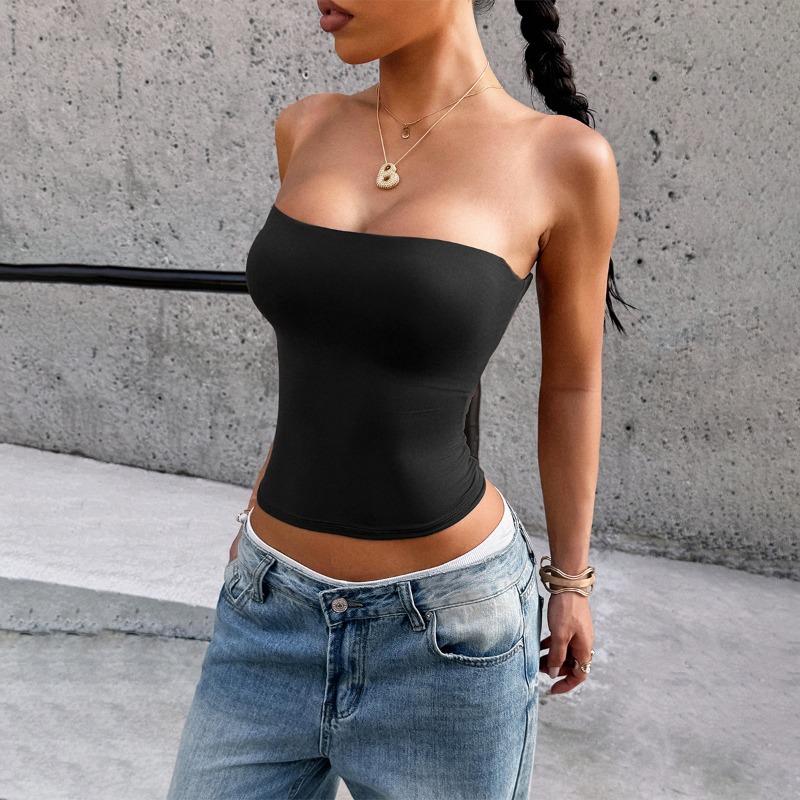 Women's Strapless Ruched Tube Top Solid Color Bodycon Crop Top Casual Bandeau