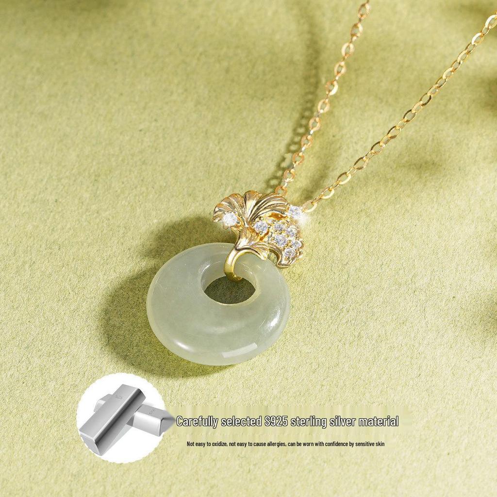 Teqia Women's S925 Sterling Silver Ginkgo Leaf Necklace with Hetian Jade Pendant