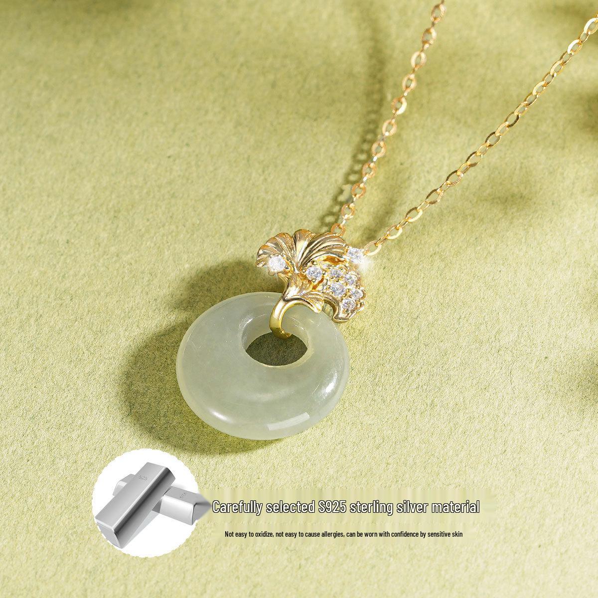 Teqia Women s S925 Sterling Silver Ginkgo Leaf Necklace with Hetian Jade Pendant S925 Silver