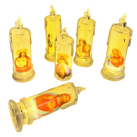 1/6Pcs LED Flameless Prayer Candles Flickering Fake Candle Jesus Devotional Prayer Candle Light Religious Tea Lights Decoration