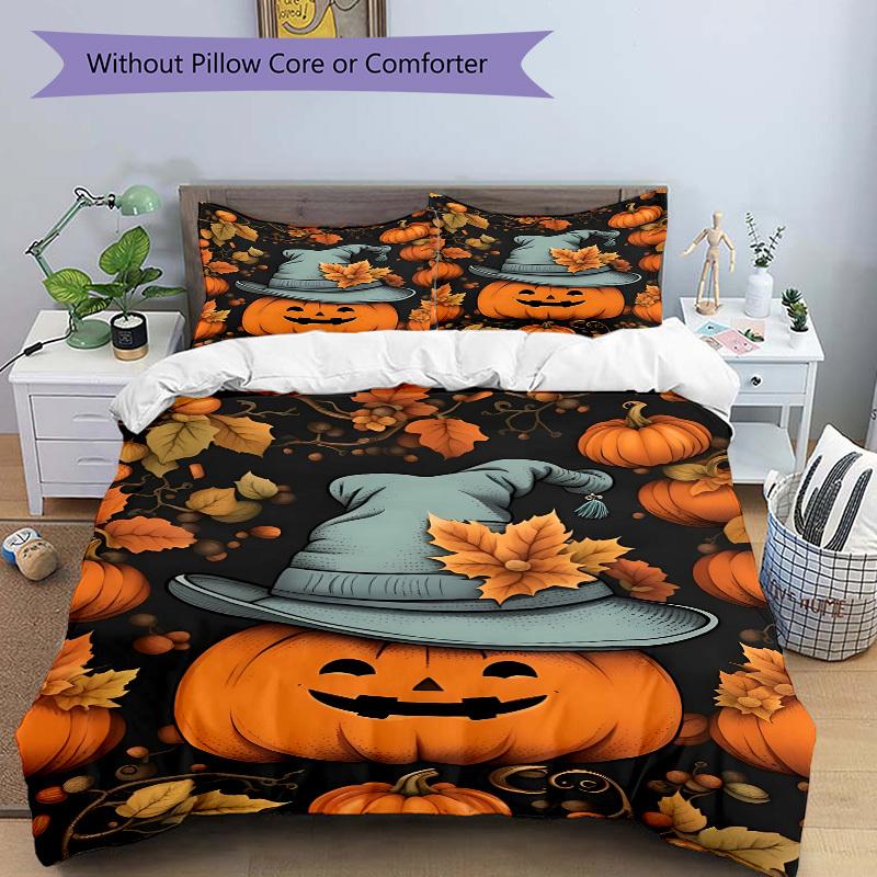 3pcs Halloween Pumpkin Duvet Cover Set - Machine Washable, Includes 1 Cover and 2 Pillowcases, No Core Included yy251013082