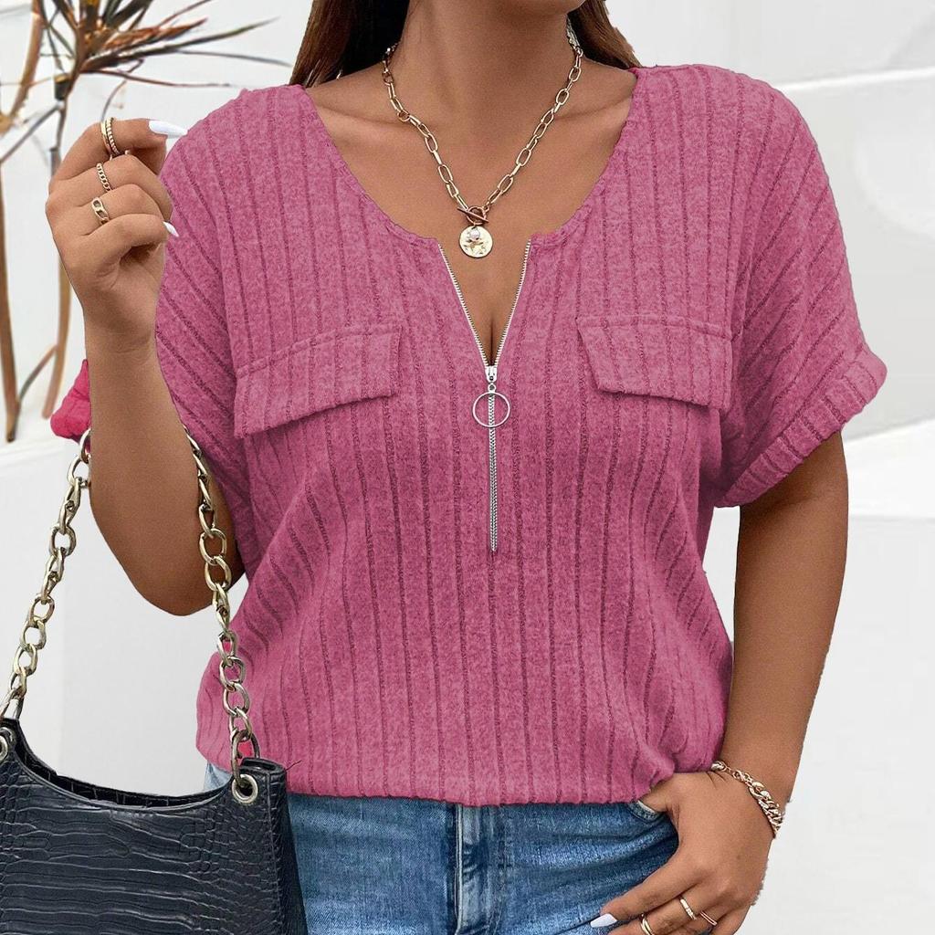 EastRogue Women's Fashion Casual Large Size Solid Color Print Summer Spring Short Sleeve V-Neck Loose Fake Pocket Pullover T-shirt