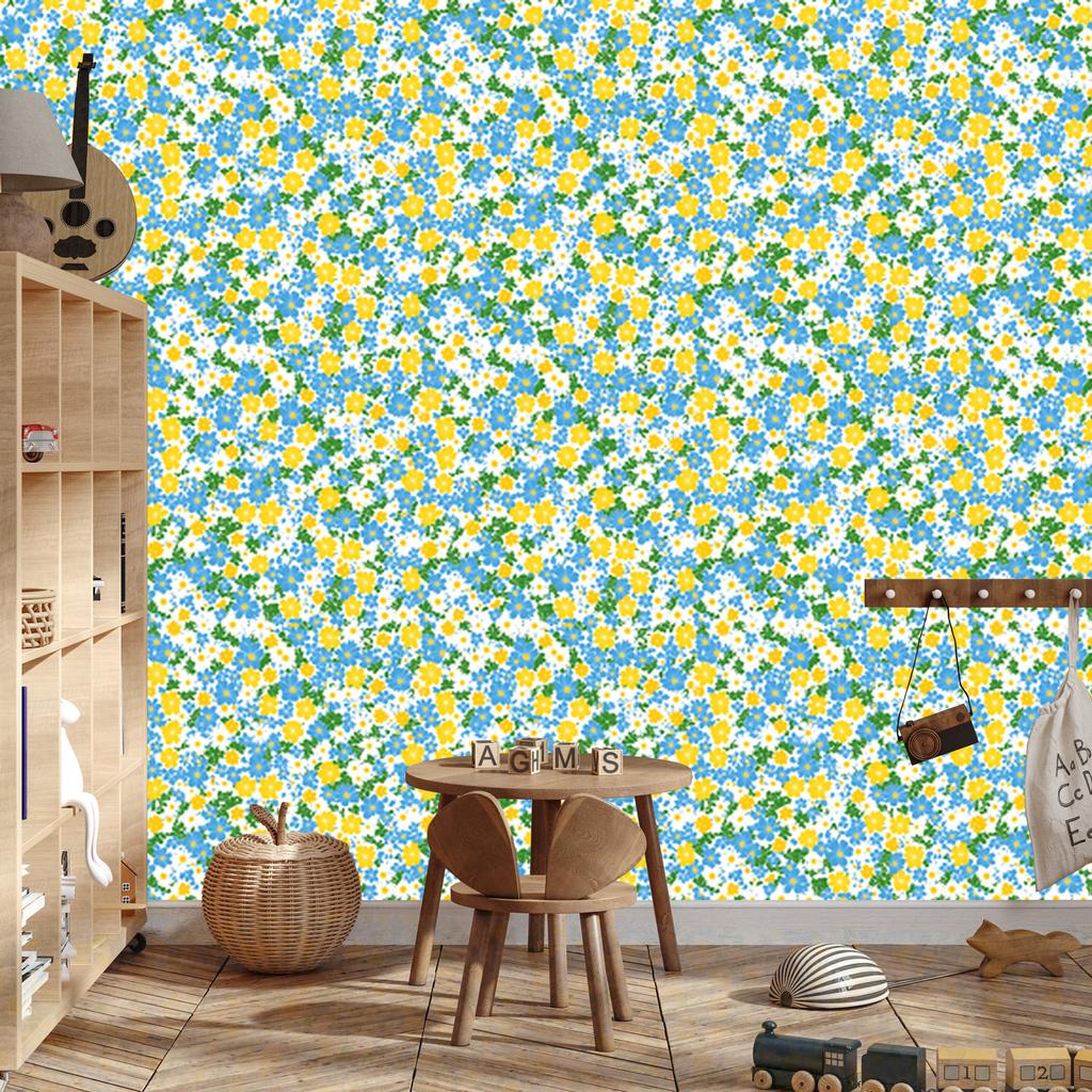 Wallpaper Cottagecore Flowers Azure and Green for Living Room and Bedroom 50x1000