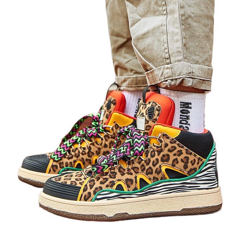 2025 Vinter Trendiga Högtoppade Skate-skor för Herrar och Damer med Leopardmönster: Mångsidig retro hiphop-stil med höjdökning