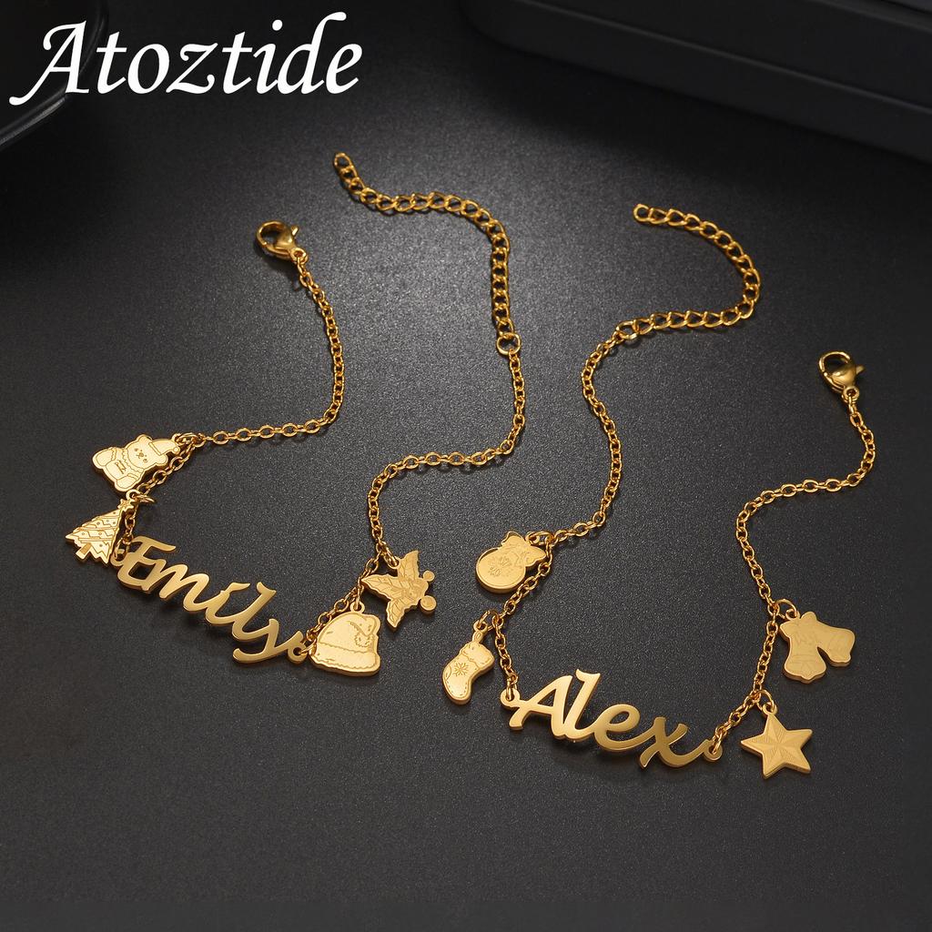 Atoztide Custom Name Bracelet for Women Stainless Steel Jewelry Christmas Elements Link Chain Personalized Kids Birthday Gift
