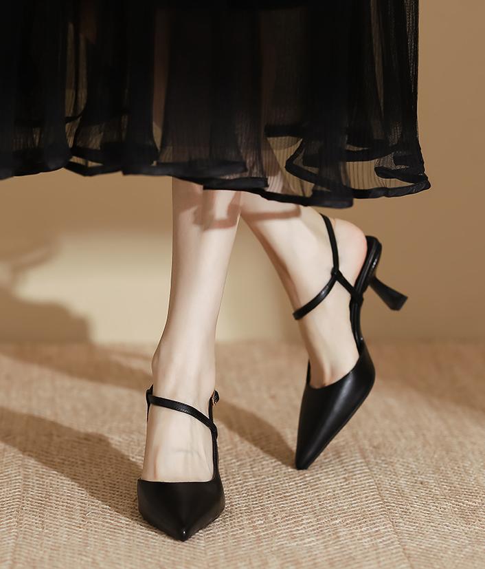 2025 Summer New High Heels, Women's Sexy Hollow Black Pointed High Heel Retro Buckle Skinny Heel Sandals, Women's Shoes