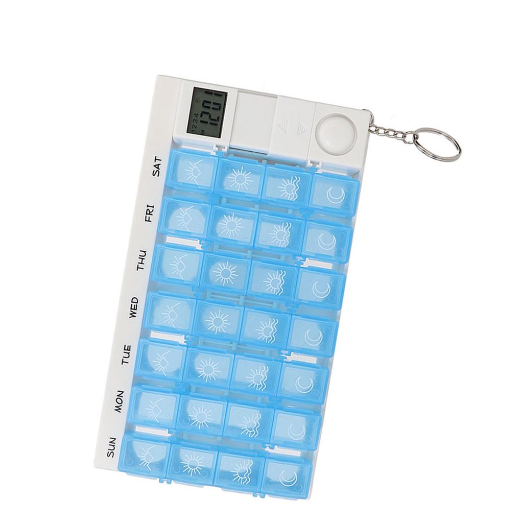 28 Fächer Wöchentlich Tragbare Medizin Tabletten Pillen Süßigkeiten Aufbewahrungsbox Organizer Etui mit Erinnerung Blau