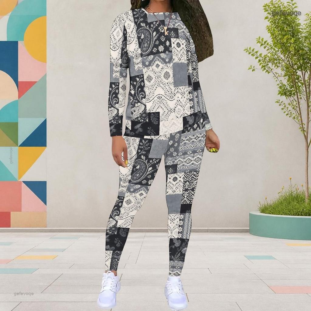 Women Plus Size Patchwork Printed Round Neck Long Sleeve Top And Fitted Pants Two Piece Set