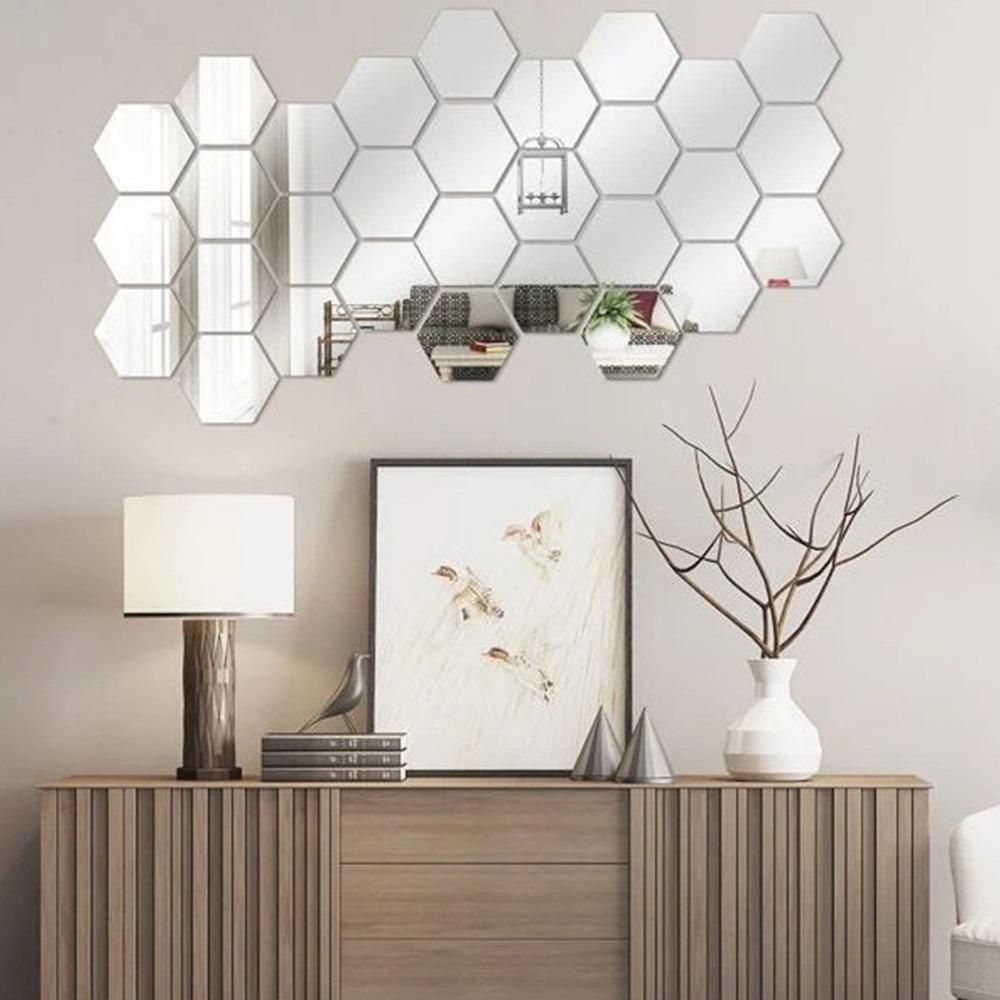 12pcs 3.15×2.76×1.57in Hexagon Mirror Wall Sticker Acrylic Self-adhesive Mirror Tile  Office