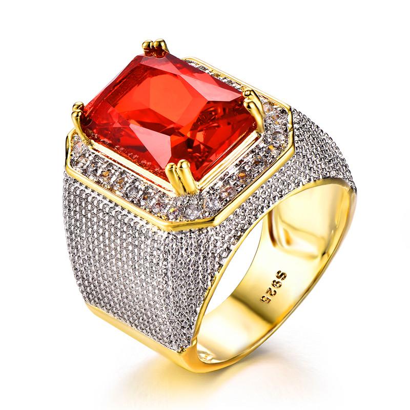 Gorgeous Big Male Female Red Zircon Stone Ring Large Yellow Gold Color Engagement Wedding Jewelry For Women