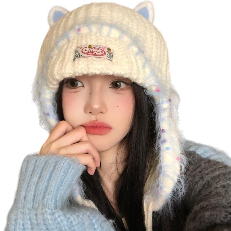 

Soft Knitted Cap With Lovely Cats Ears Pullover Earflap Hat For Women Men Teens Warm Headwear for Winter Cold Weather 1