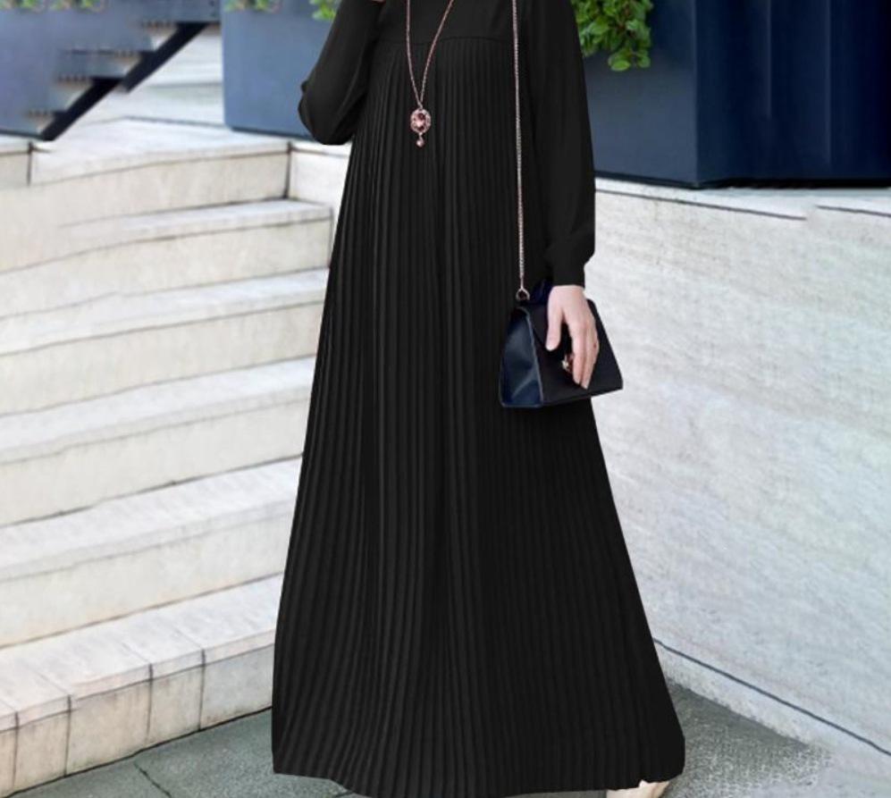 Women's Elegant Black Ice Silk Long Sleeve Pleated Dress