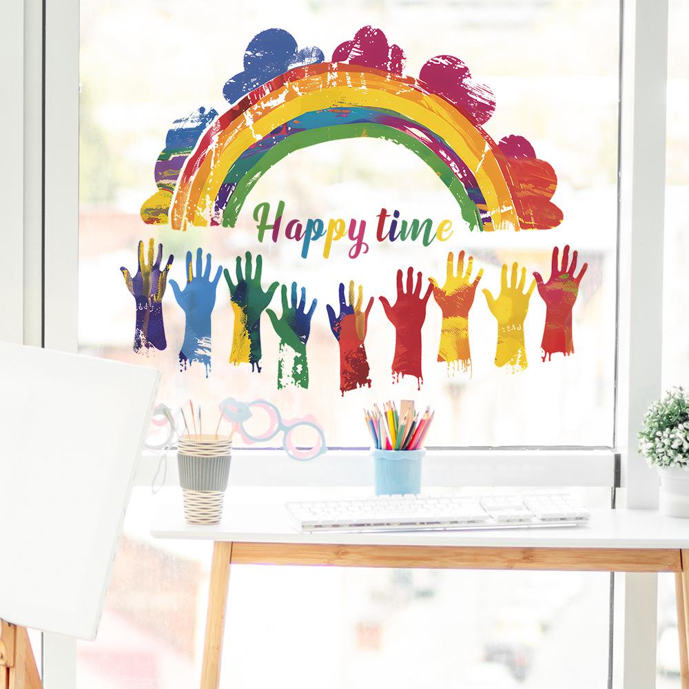 Graffiti Handprint Rainbow Happy Time Wall Sticker Self-Adhesive for Kids Room Kindergarten Wall Decoration