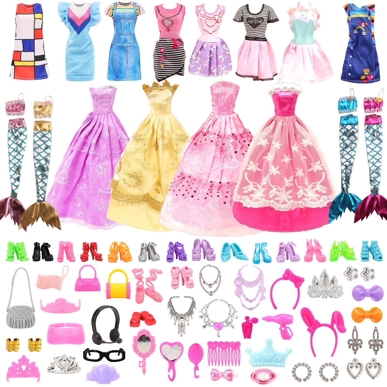 

Barwawa 30cm Doll Clothes 62 Sets 4 Random Dresses 4 Dresses 4 Mermaid Dresses 10 Shoes 40 Accessories Suitable for Scale Dolls Day Gift - = +