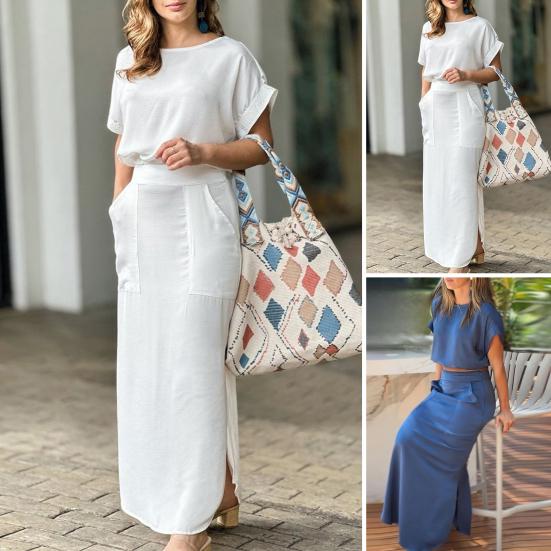 

2 шт./компл., женский топ, макси-юбка, комплект с короткими рукавами, однотонный, с круглым вырезом, с высокой талией, с карманами по бокам, до щиколотки, мягкий M белый