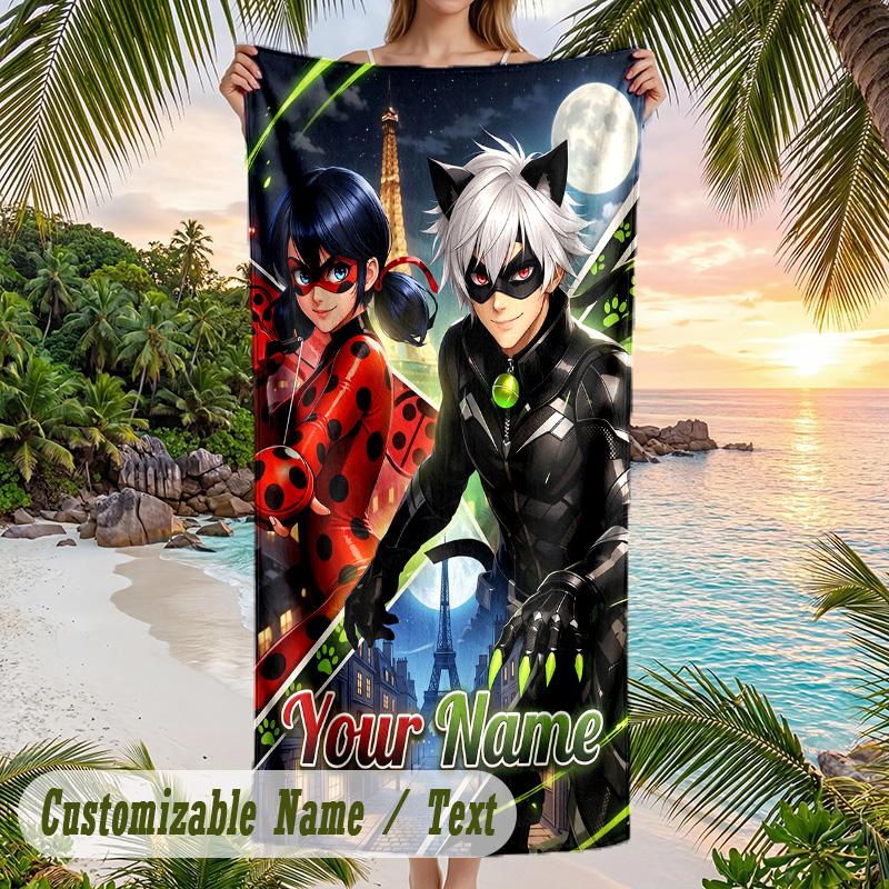 מגבת חוף Miraculous Ladybug, טקסט מותאם אישית, מגבת גדולה רכה המתייבשת במהירות לבריכה ולנסיעות