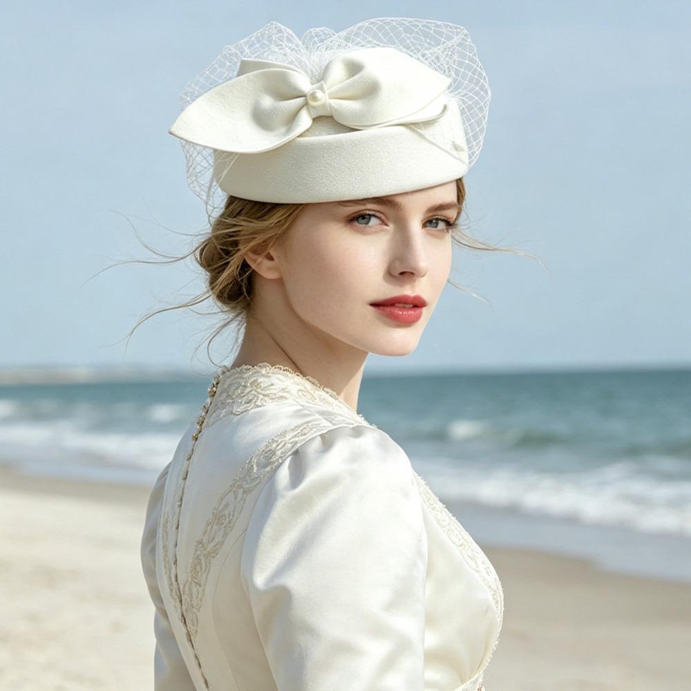 Elegant Bow Fedora Hat French Style Woolen Beret Airline Stewardess Caps Fashion Show