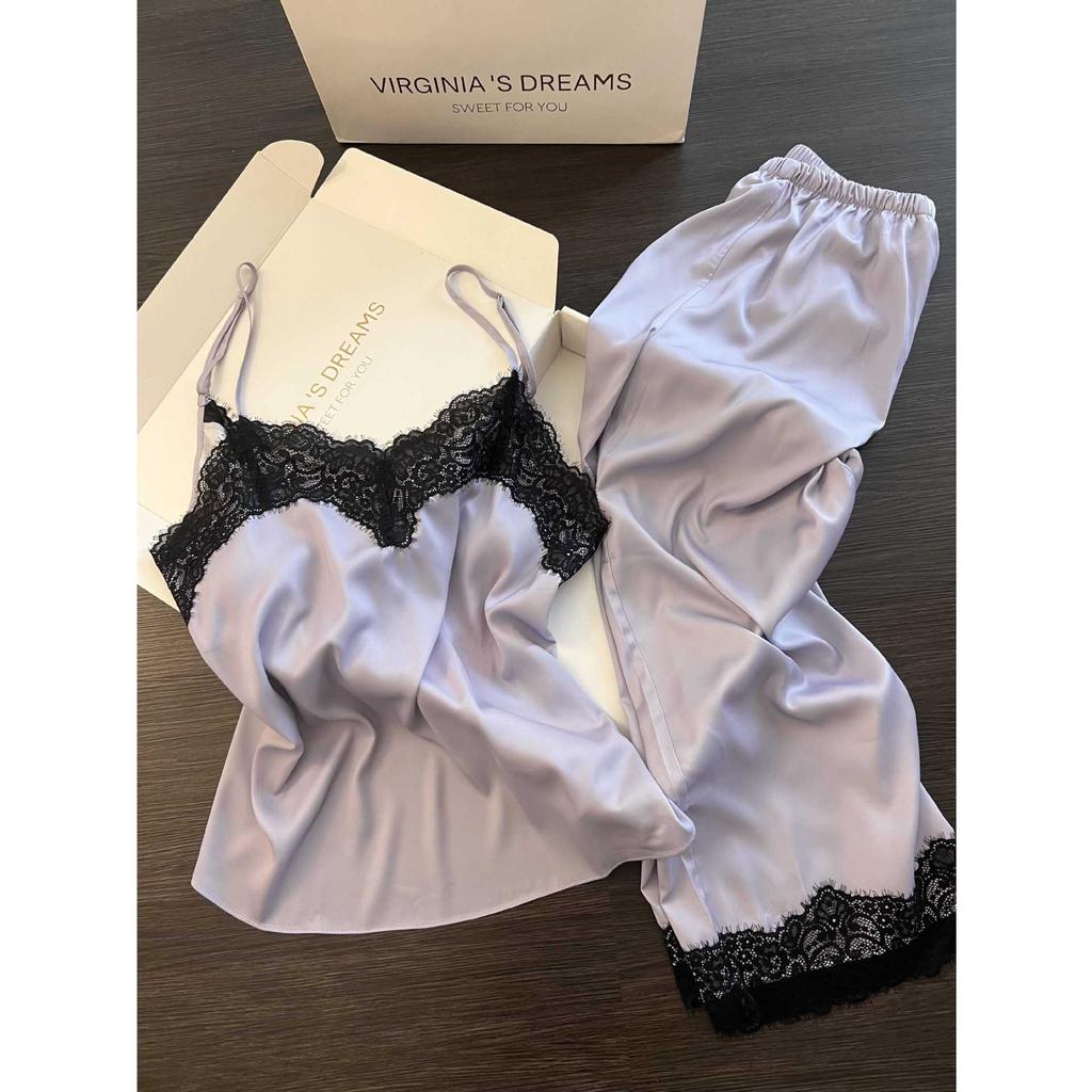 Korean pure lace splicing ice silk pajamas women's summer cool feeling with chest pads, suspenders, trousers, loungewear two-piece set