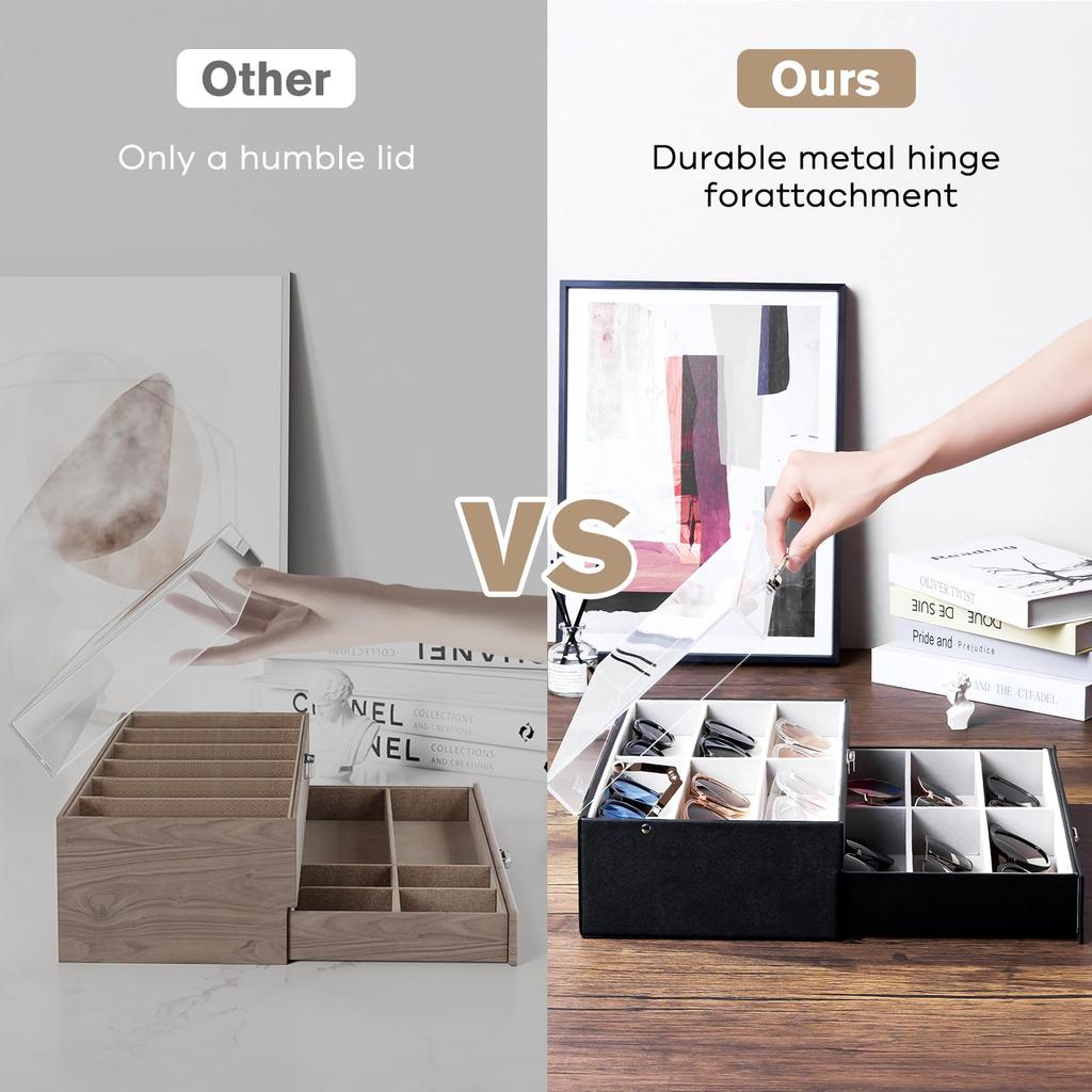 ProCase Sunglasses Case 12 Storage Box for Eyeglasses and Acrylic PU Black (Holds Sunglasses), 2-Tier Jewelry, Lid, Material,