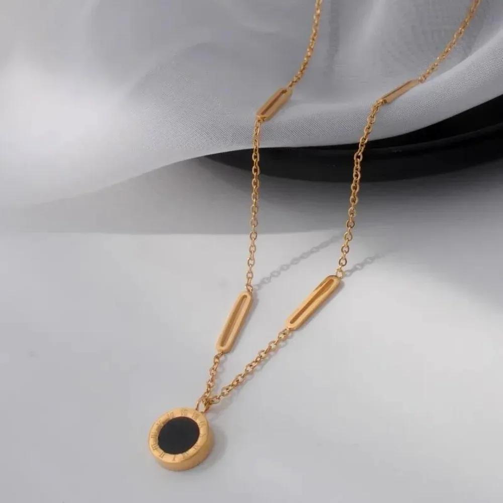 Gold Stainless Steel Roman Digital Wafer Pendant Necklace for Women Charm Chain of Clavicle Jewelry Accessory