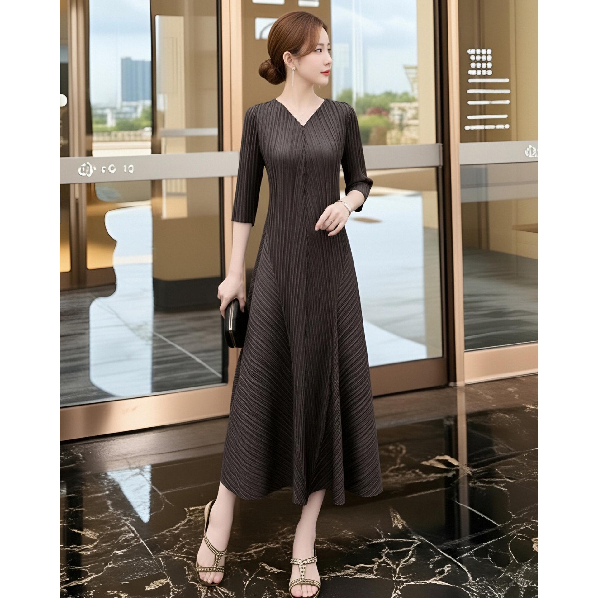 Pleated V-Neck Dress 2026: Elegant Spring Women s Slimming High-End Skirt One Size коричневый/кофейный