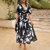 Damen Sommer V-Ausschnitt Maxikleid Lässiges Boho Blumenmuster Lange Kleider Kurze Puffärmel Fließendes Strandkleid Hochzeitsgästekleid
