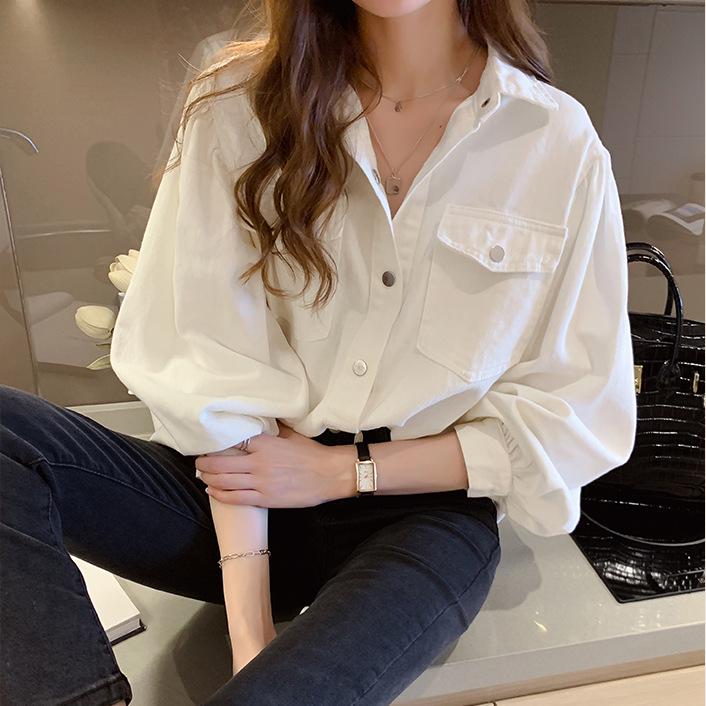 

2024 Women s Casual White Long Sleeve Slimming Shirt - Versatile Spring & Autumn Solid Color Jacket Extra Large