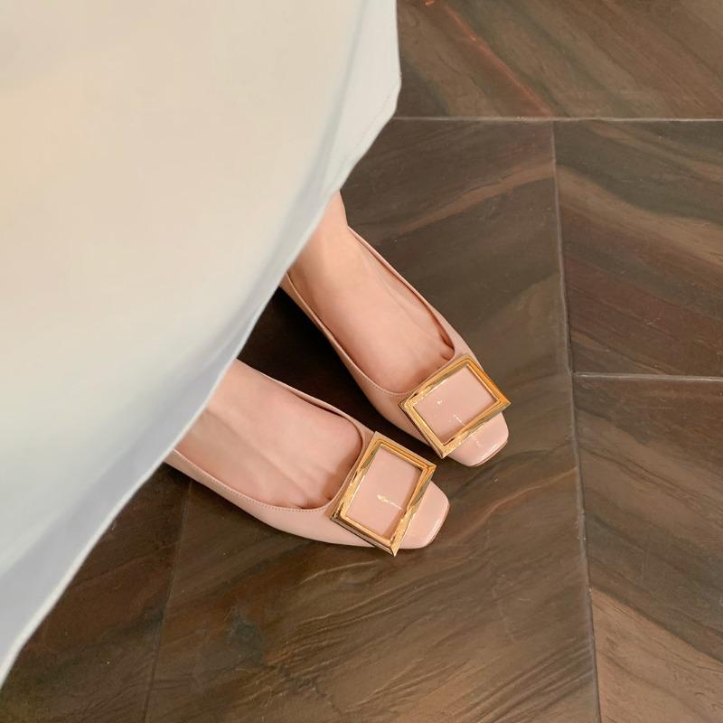 Premium leather square head square buckle shallow mouth versatile flat shoes commuter single shoes women